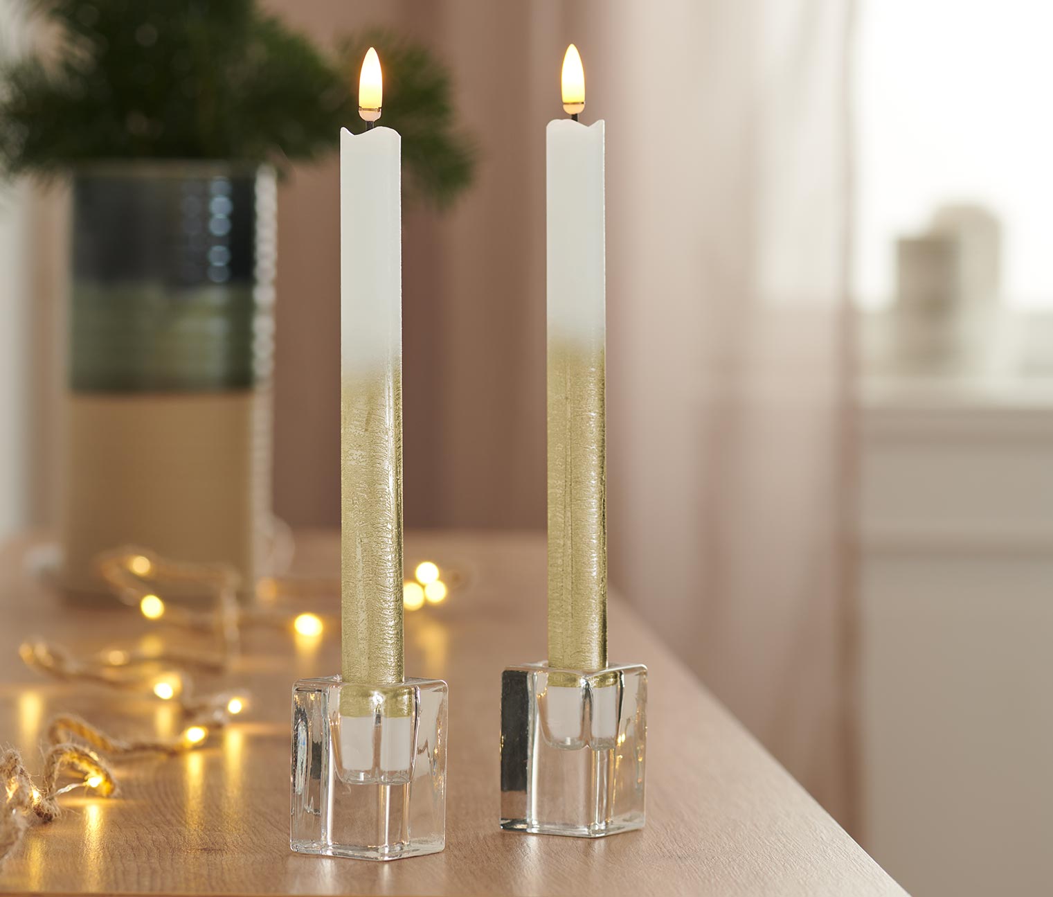 2 bougies longues à LED en cire véritable, doré blanc crème