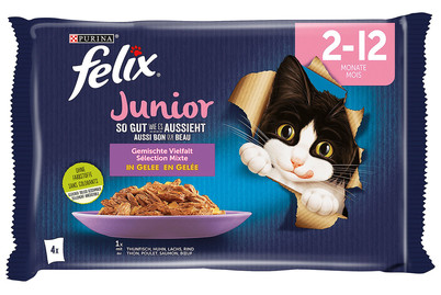 Aliment pour chats en gelée Felix Junior Aussi bon que beau Ass. 4x85g