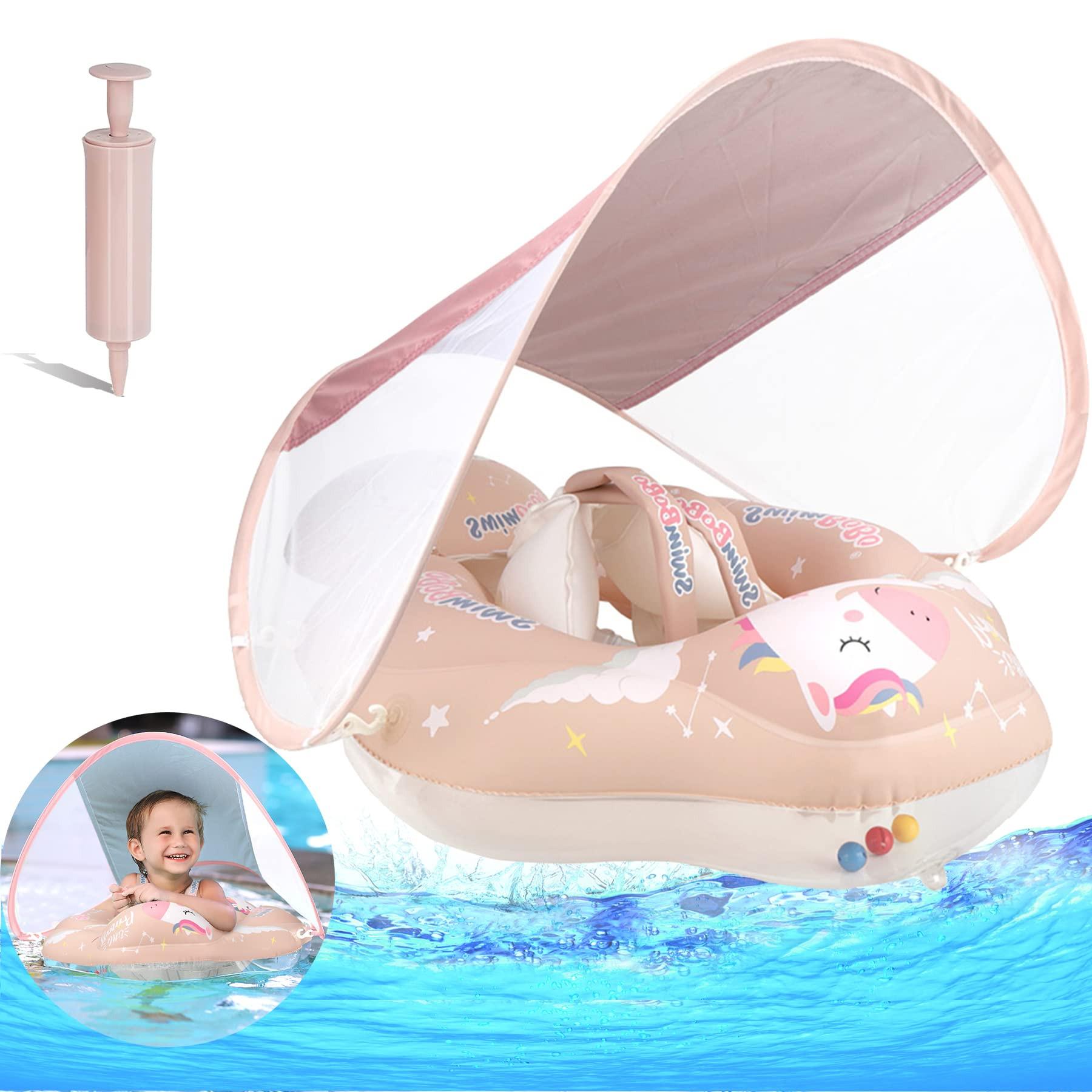 Activity-board Anneau flottant pour bébé avec toit solaire amovible, aide à la flottaison pour bébé avec siège flottant, entraîneur de natation gonflable avec flotteur anti-basculement Pink