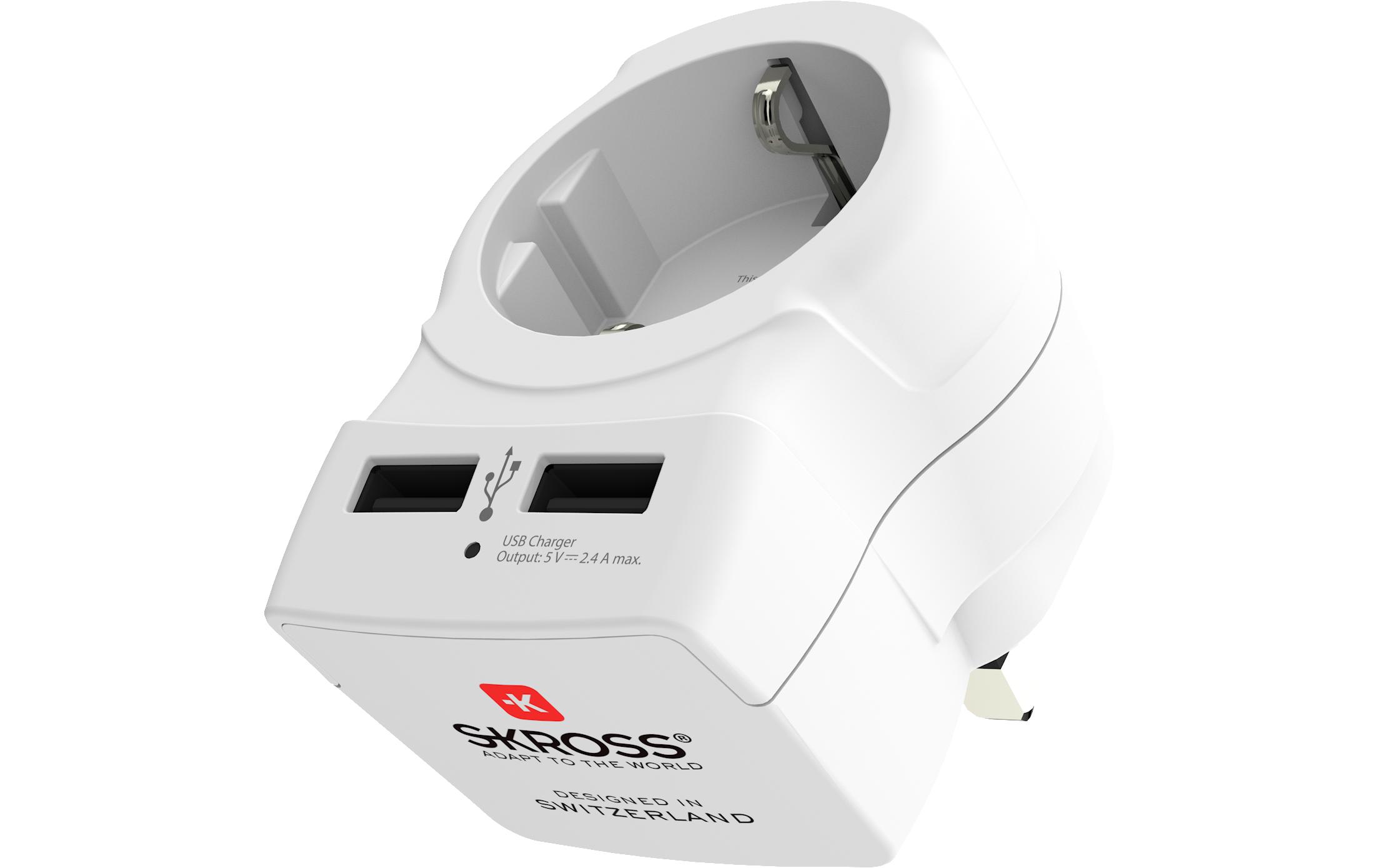 Adaptateur électrique Skross Europe vers UK avec 2 ports USB Blanc