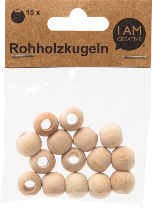 Boules en bois brut, perles en bois avec grand trou en bois non traité, FSC, naturel, ø 15 mm, 15 pces.